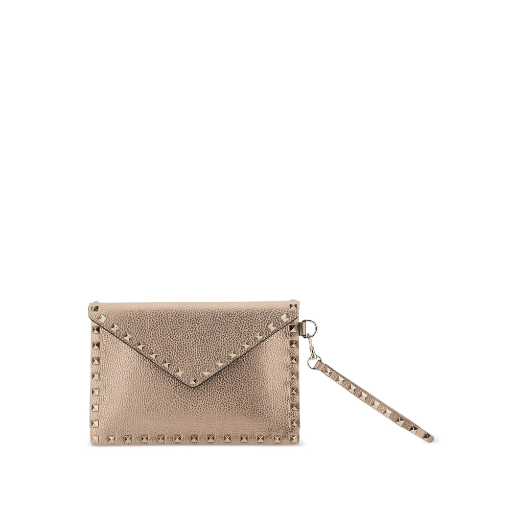 Valentino Garavani Rockstud Laminated Grainy Calfskin Clutch Bag