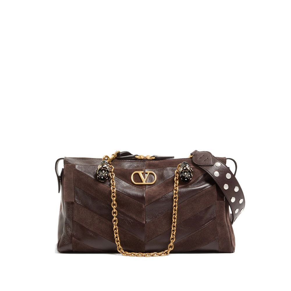 Valentino Garavani Panthea Medium Shoulder Bag In Suede And Nappa With Chevron Motif