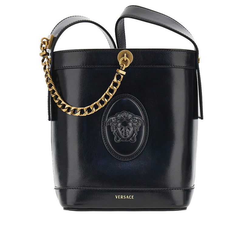 Borsa a secchiello in pelle con patch Medusa