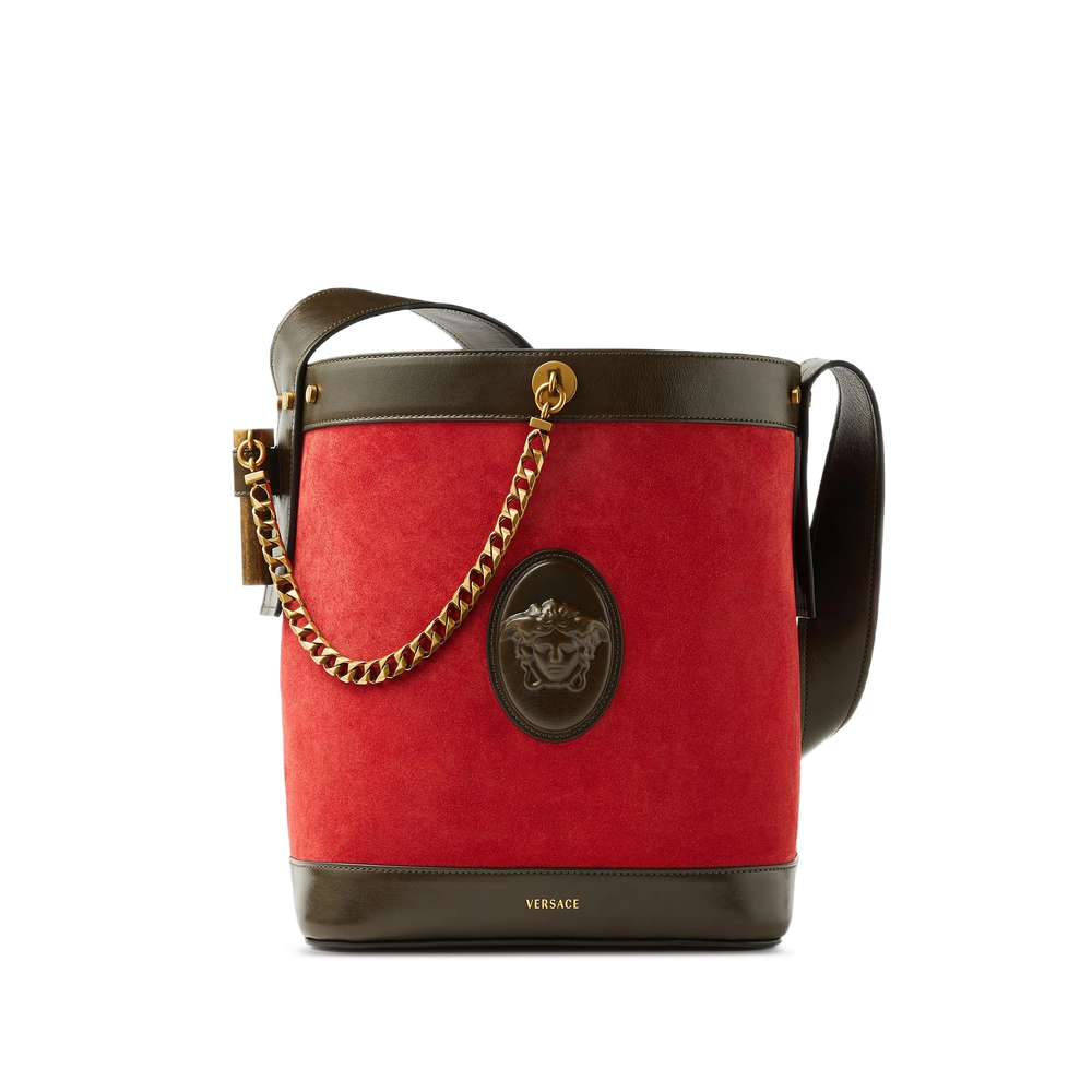 Versace Pivot Small Suede Bucket Bag