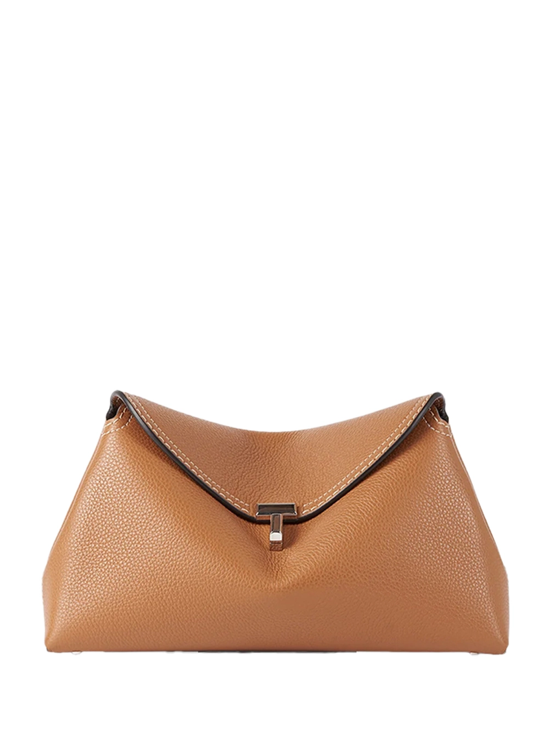 Toteme T-Lock Grained Leather Clutch Tan